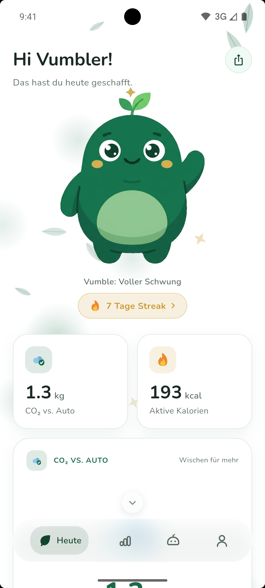 Heute-Screen der App Vumble: das Maskottchen in der Mitte, darunter das heute gesparte CO₂ und die aktiven Kalorien des Tages.