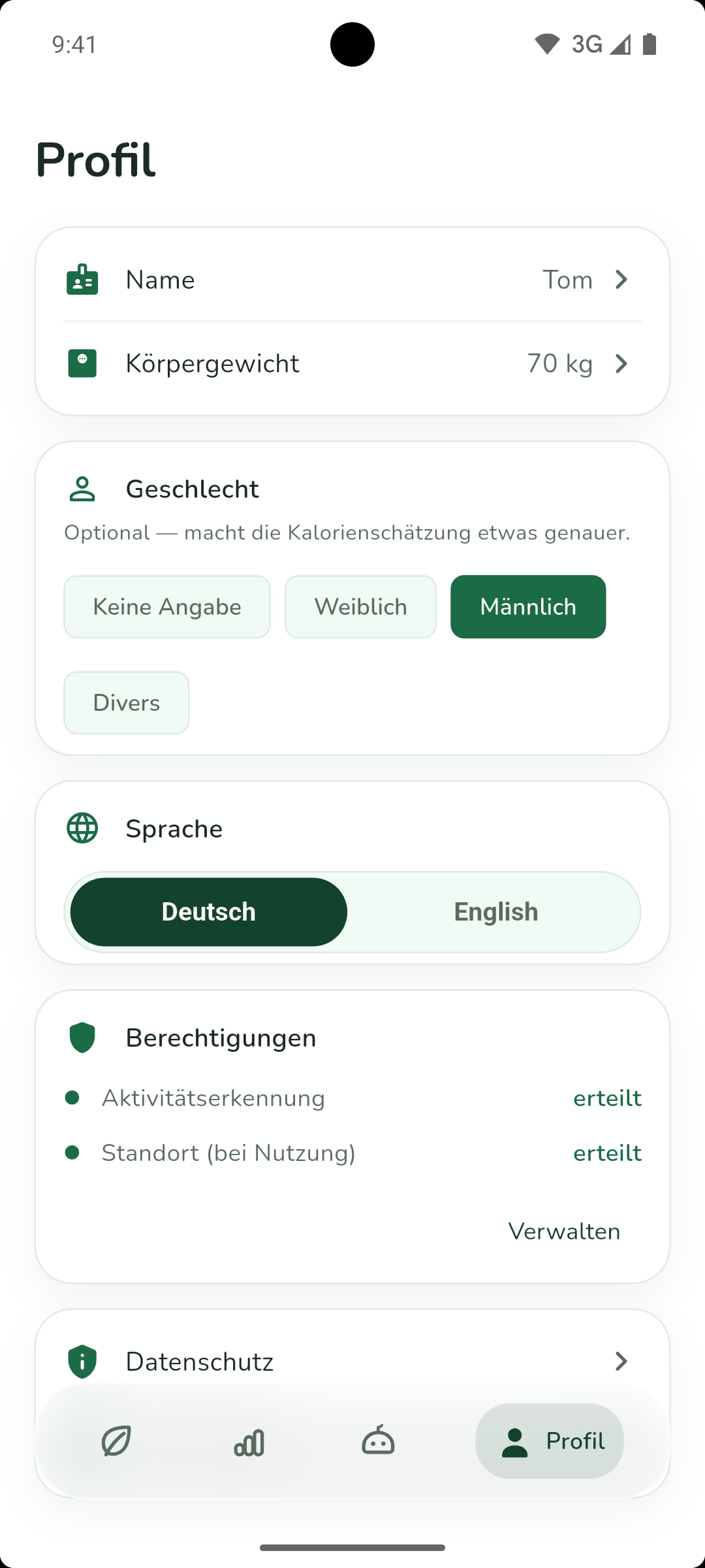 Profil in Vumble mit den persönlichen Einstellungen und der Gesamtbilanz.