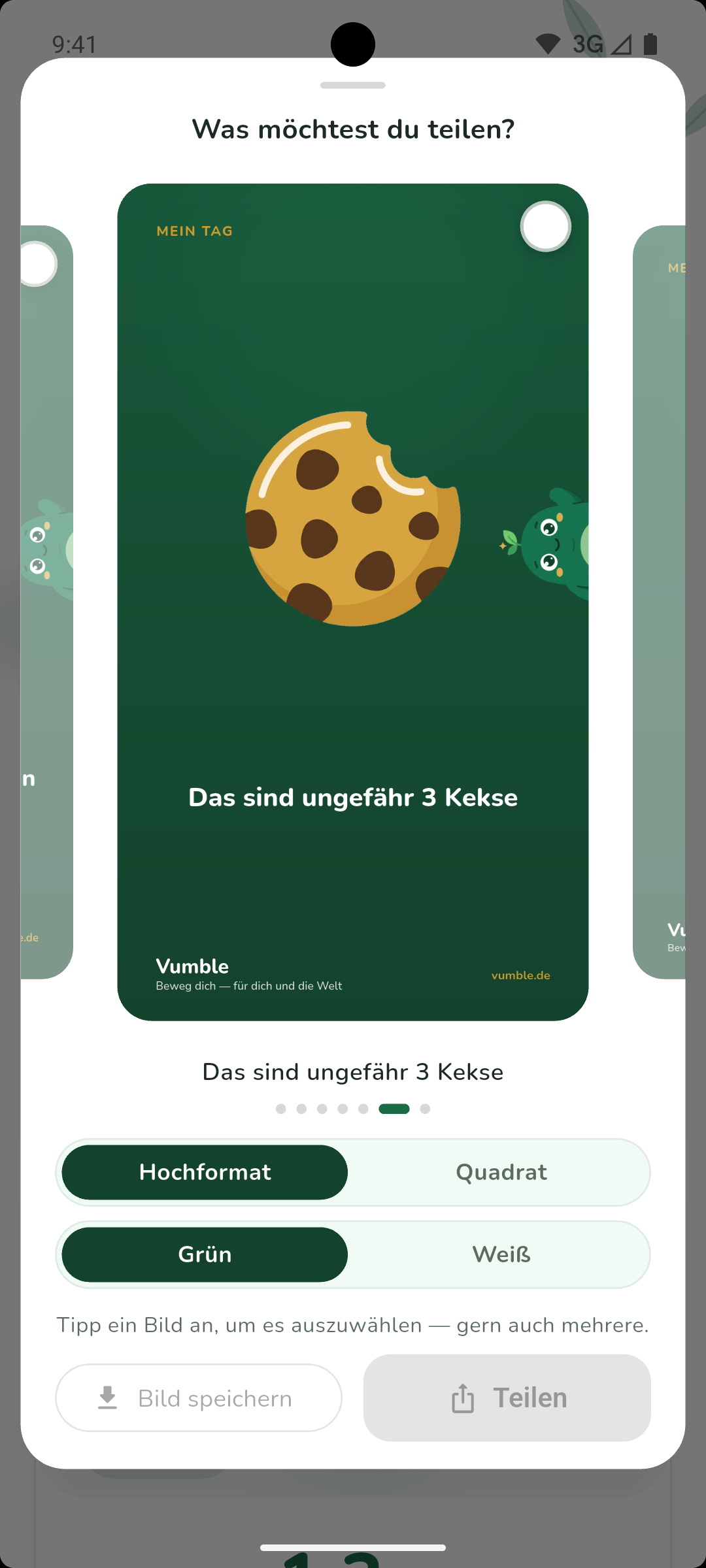 Teilen-Dialog in Vumble: eine fertige Grafik mit den zusammengefassten Wochenzahlen zum Weitergeben.
