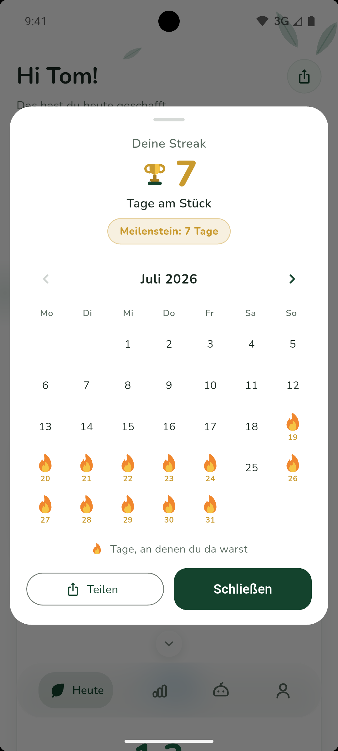 Streak-Kalender in Vumble: die aktiven Tage sind im Monatskalender markiert.