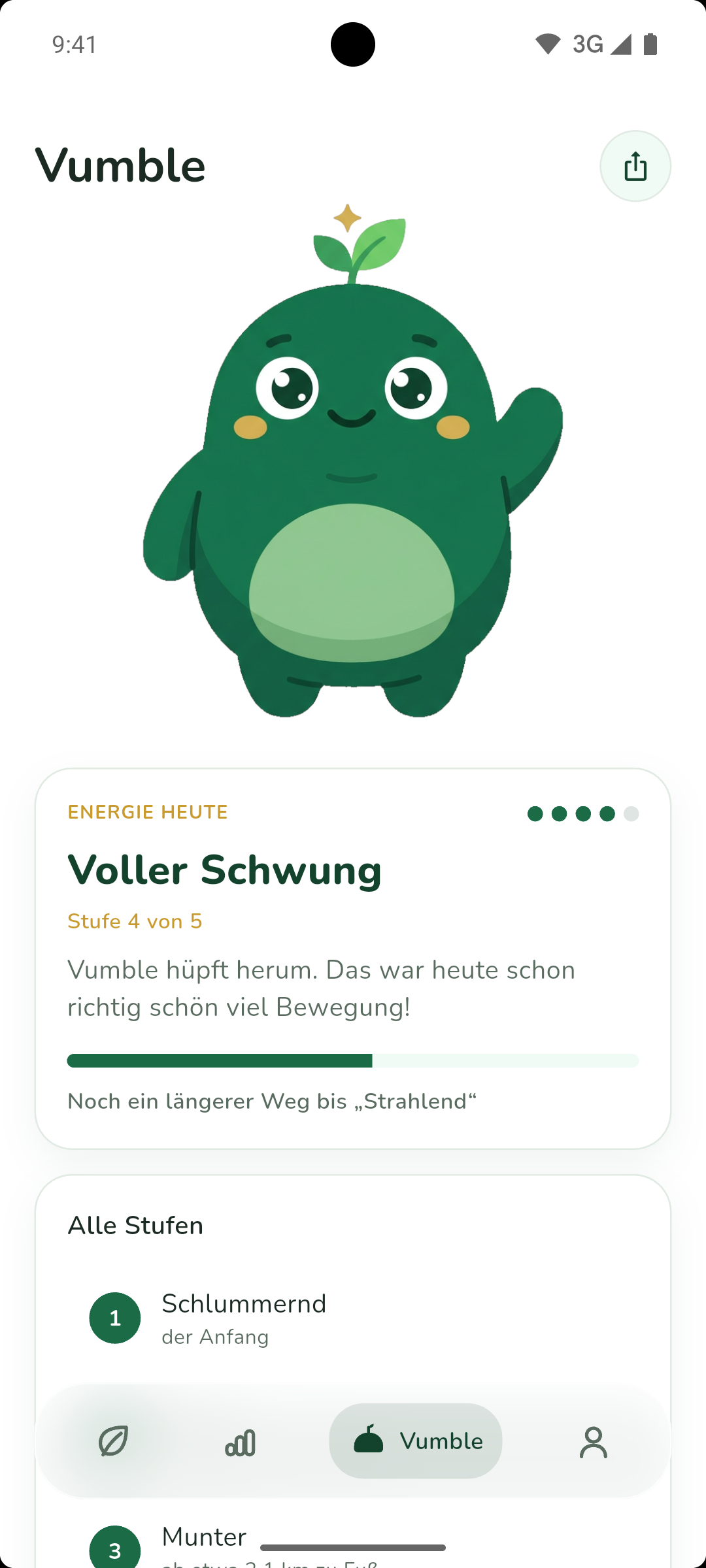 Energiestufe in Vumble: das Maskottchen mit einer Anzeige, wie munter es gerade ist.