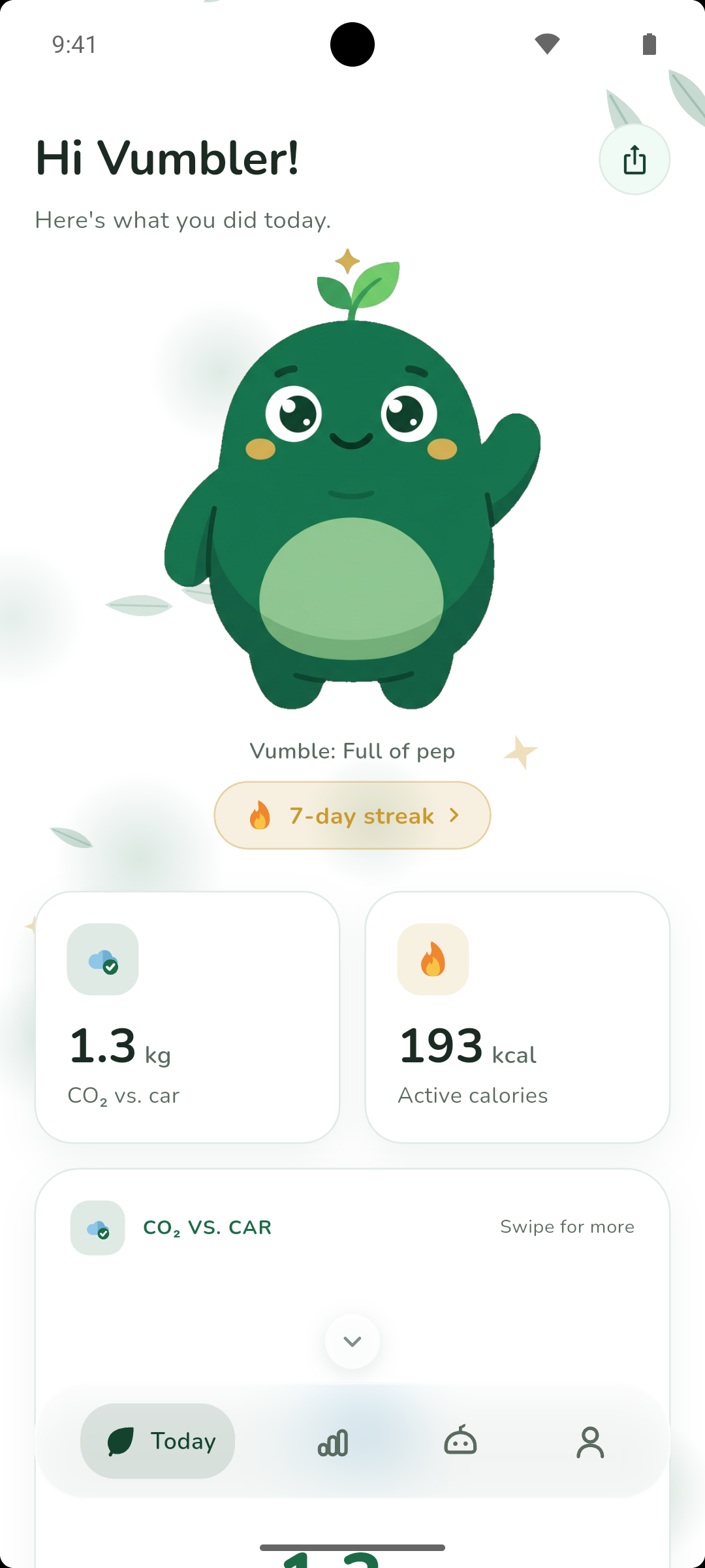The Today screen of the Vumble app: the mascot in the centre, with today's saved CO₂ and active calories below.