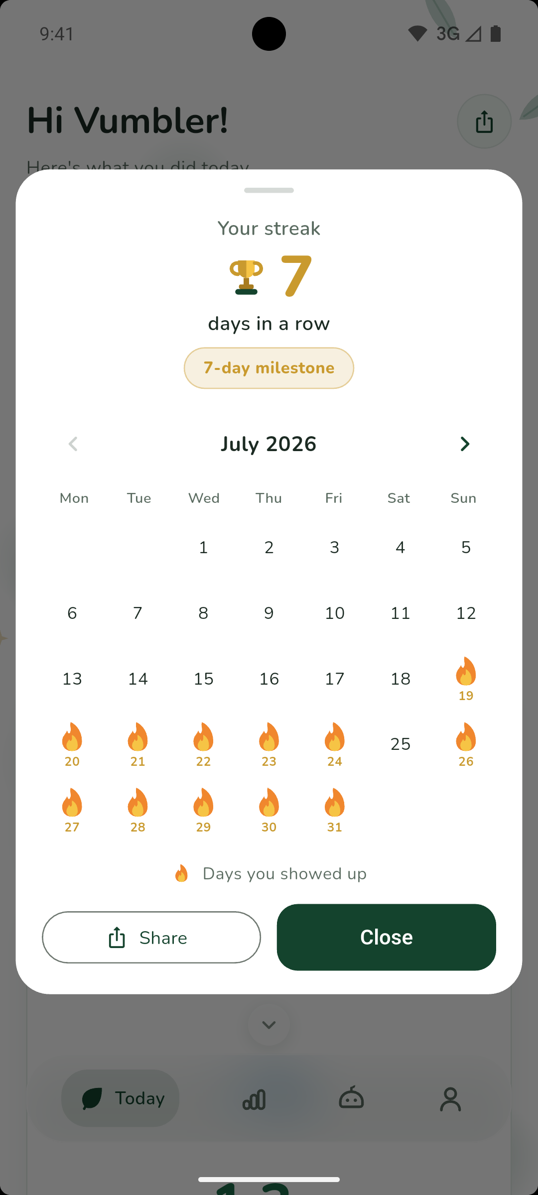 Streak calendar in Vumble: active days marked in the monthly calendar.